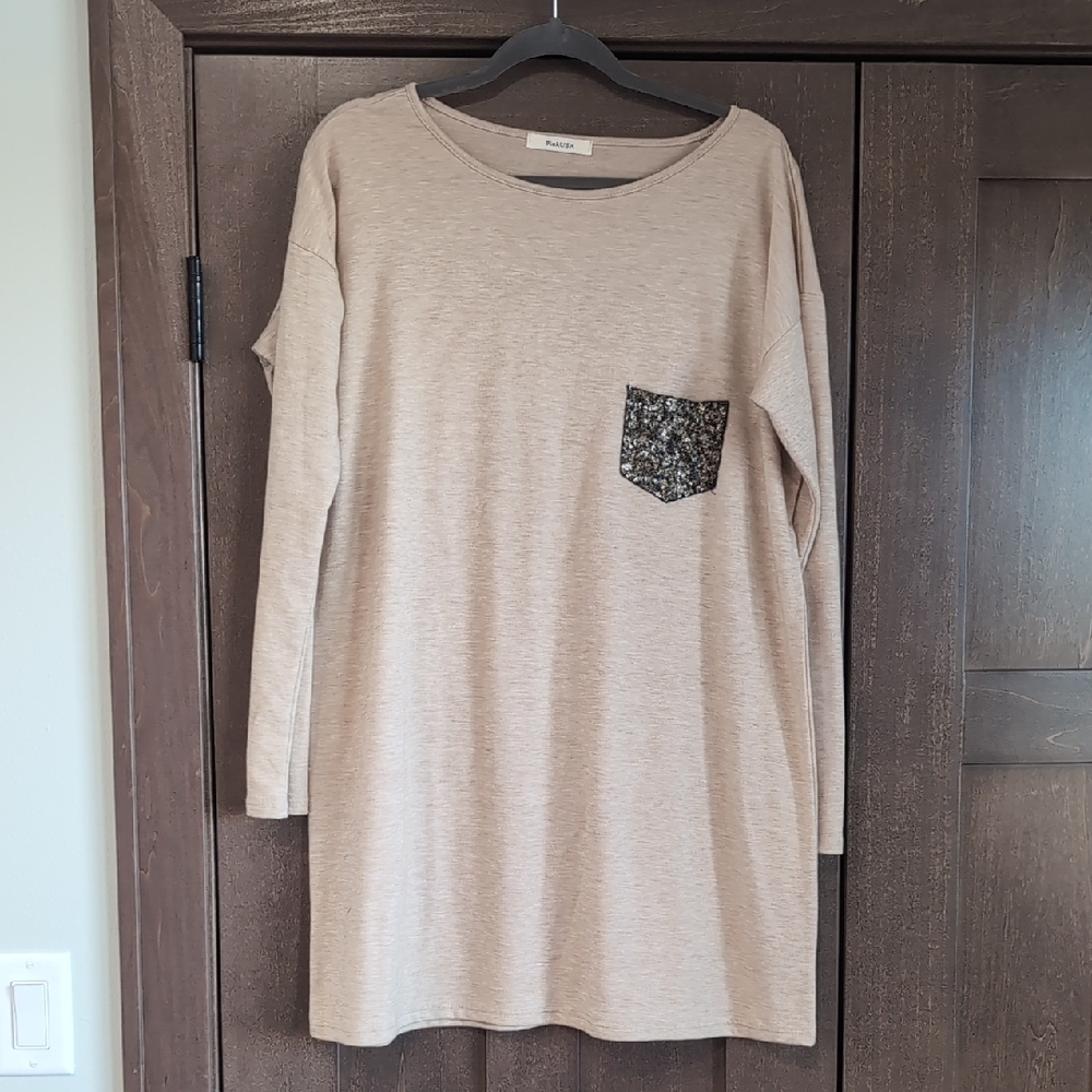 Beige Long Sleeve Top with Patterned Pocket